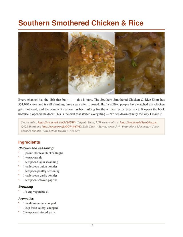 A recipe page — hero photo, the story, and one-action steps